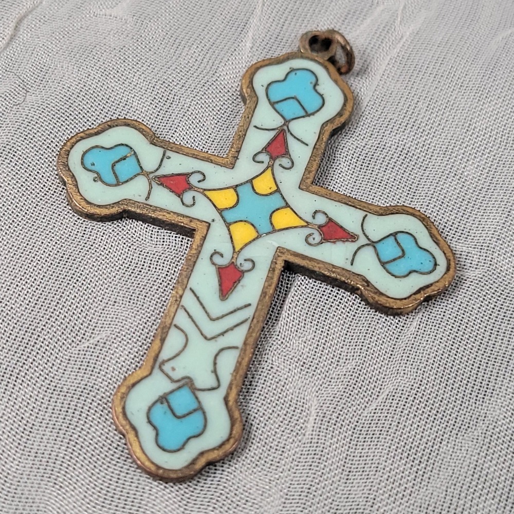 Vintage Enamel Brass Cross Pendant Blue Green Cloisonne Style Art Deco Jewelry